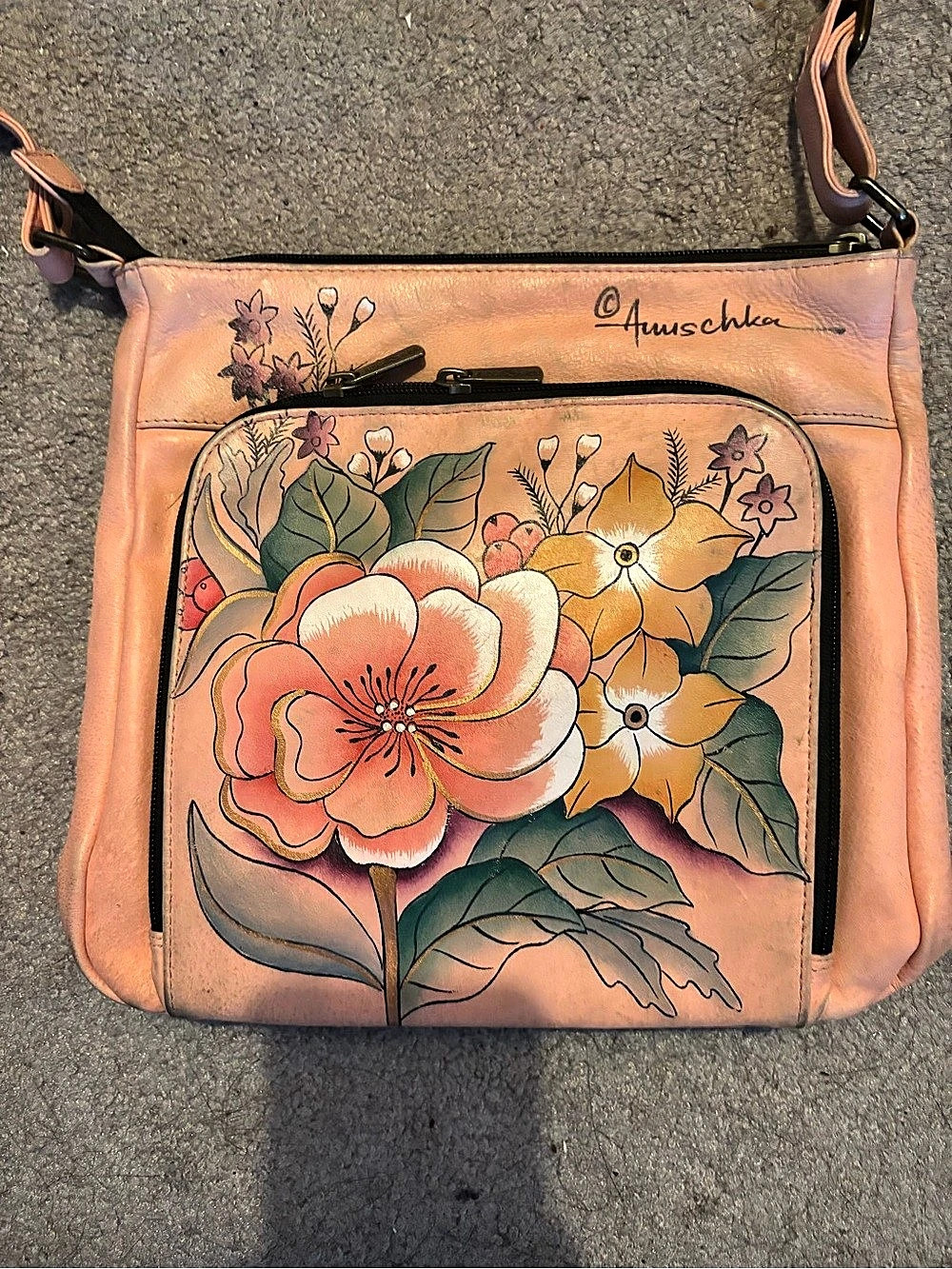 Anuschka Hand-Painted Leather Organizer Crossbody Bag Floral Painted Leather